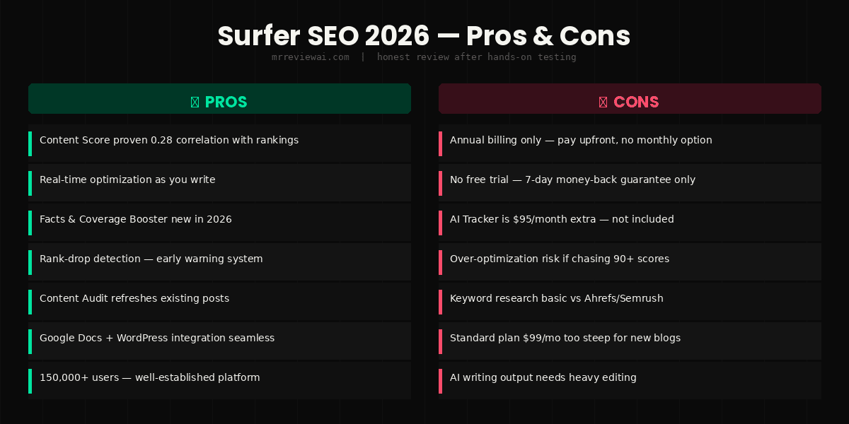 surfer seo pros and cons 2026 honest review