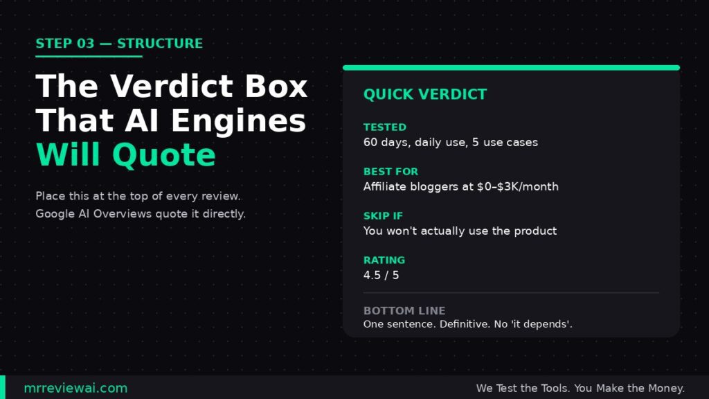 Quick verdict box template optimized for Google AI Overviews citation in product reviews