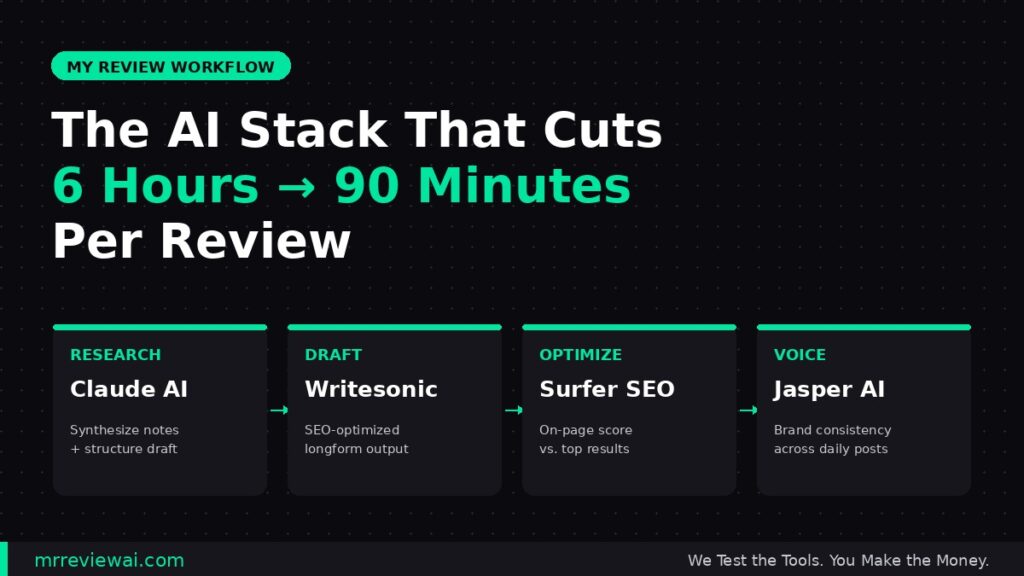 AI tool stack for writing product reviews Claude AI Writesonic Surfer SEO Jasper AI workflow