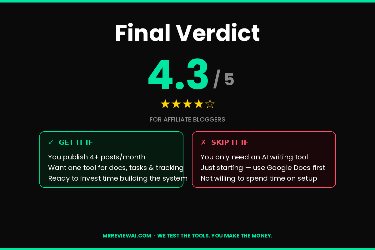 Notion review final verdict 4.3 out of 5 for affiliate bloggers