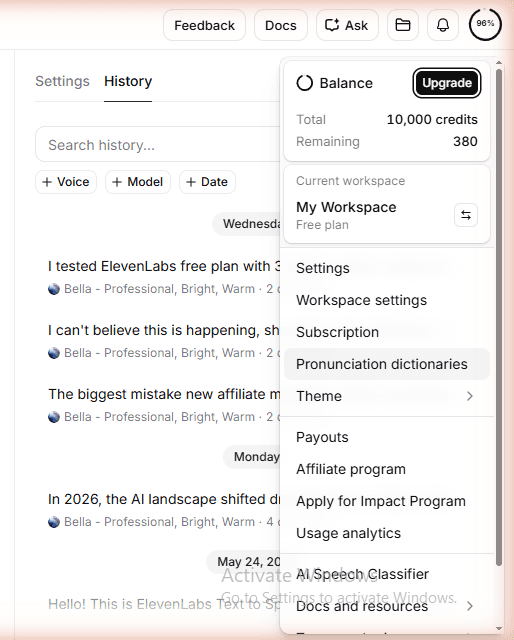 ElevenLabs free plan balance closeup — Total 10,000 credits, Remaining 380. History shows 3 scripts generated Wednesday with Bella (Professional, Bright, Warm) voice. My Workspace, Free plan. ElevenCreative account, May 29, 2026.