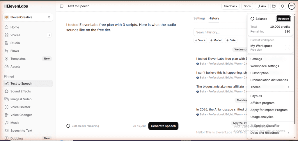 ElevenLabs free plan dashboard — Balance: Total 10,000 credits, Remaining 380. My Workspace, Free plan. History shows 3 scripts generated with Bella voice. Account: ElevenCreative. Tested May 29, 2026.