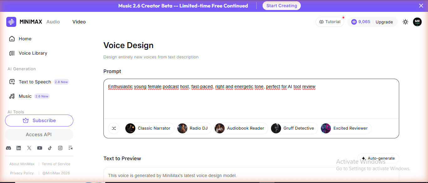 MiniMax Audio Voice Design full interface — showing text prompt input, preset voice options (Classic Narrator, Radio DJ, Audiobook Reader), and Generate button. Account shows 9,065 credits remaining.