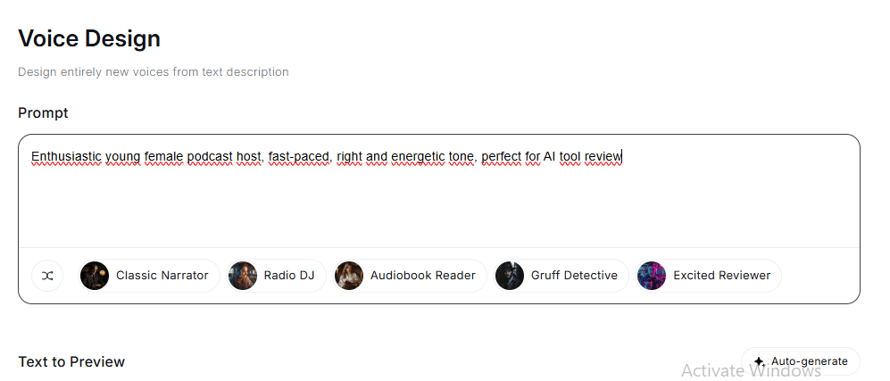 MiniMax Audio Voice Design prompt closeup — text input showing: "Enthusiastic young female podcast host, fast-paced, right and energetic tone, perfect for AI tool review"