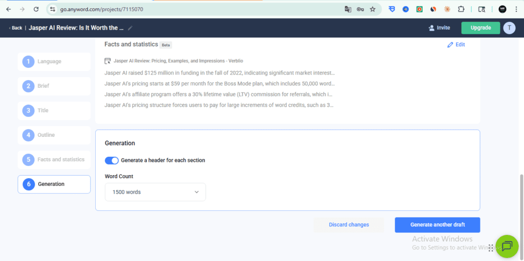 Anyword Blog Wizard – Generation settings showing word count selector at 1500 words and Generate another draft button for AI content creation