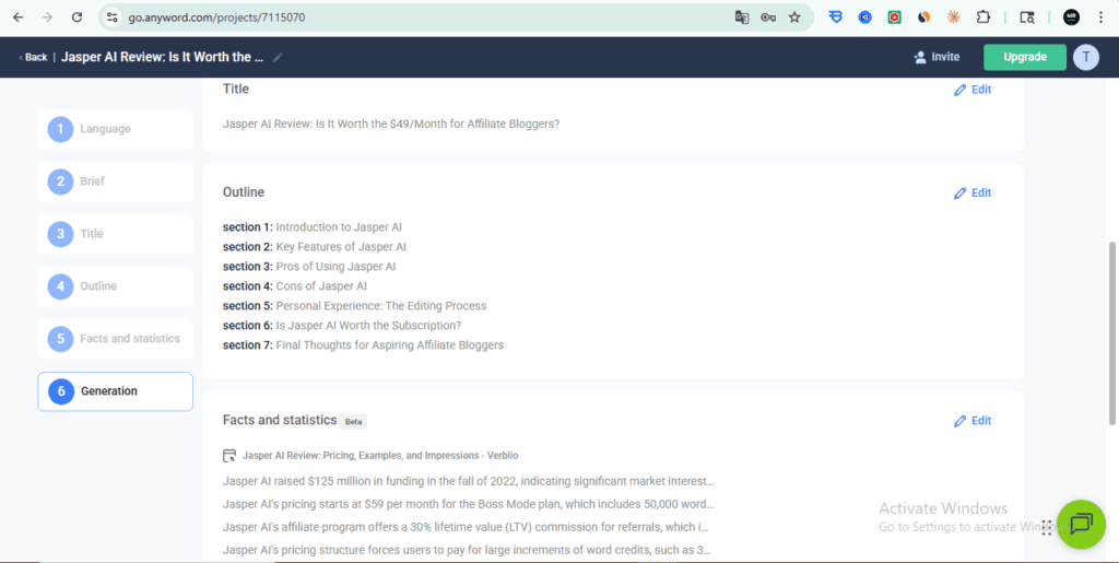Anyword Blog Wizard – Content outline showing 7 sections including Introduction, Key Features, Pros, Cons, Personal Experience, Pricing, and Final Thoughts