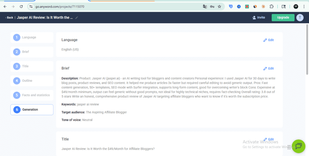 Anyword Blog Wizard setup – Language and Brief configuration showing product description, keywords, target audience, and tone of voice settings