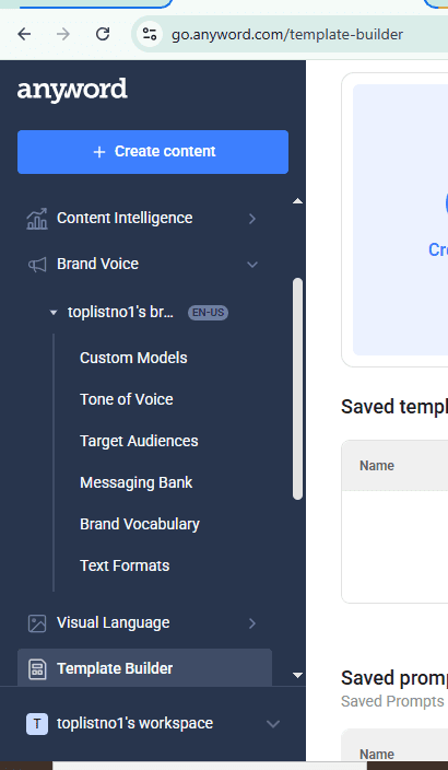 Anyword Brand Voice sidebar menu showing Custom Models, Tone of Voice, Target Audiences, Messaging Bank, Brand Vocabulary, and Text Formats options