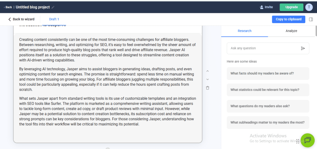 Anyword review 2026 - AI content editor introduction showing blog post creation interface for affiliate bloggers