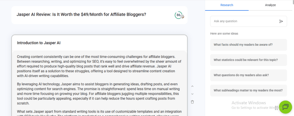 Anyword Review 2026 - AI Blog Editor with SEO Score Anyword review 2026 - AI blog editor showing content draft with SEO score 86/100 for affiliate bloggers