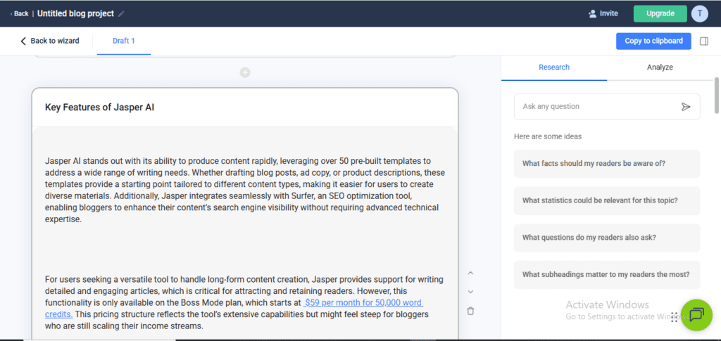 Anyword review 2026 - Key Features showing AI templates and SEO integration tools for content marketers
