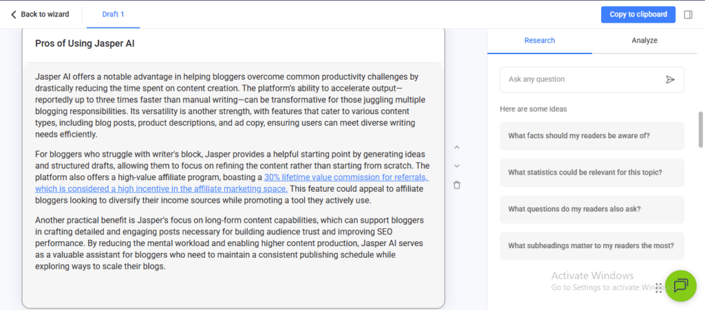 Anyword review 2026 - Pros of using AI writing tool showing productivity benefits and affiliate marketing commission structure