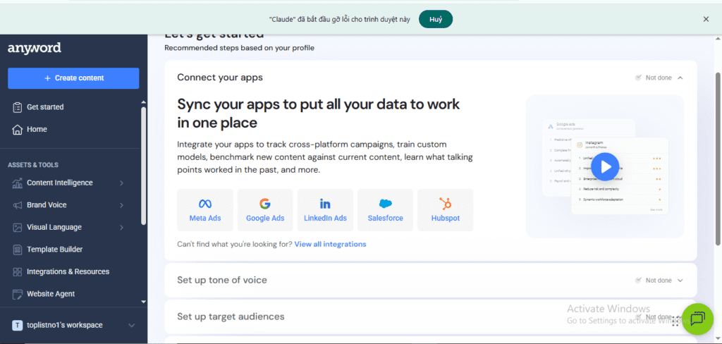 Anyword review - Copy Intelligence dashboard showing app integrations with Meta Ads, Google Ads, LinkedIn and Hubspot