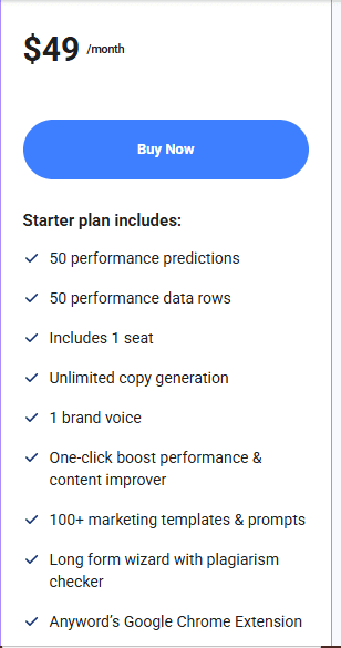 Anyword review - pricing plans Starter at $49/month and Data-Driven at $99/month