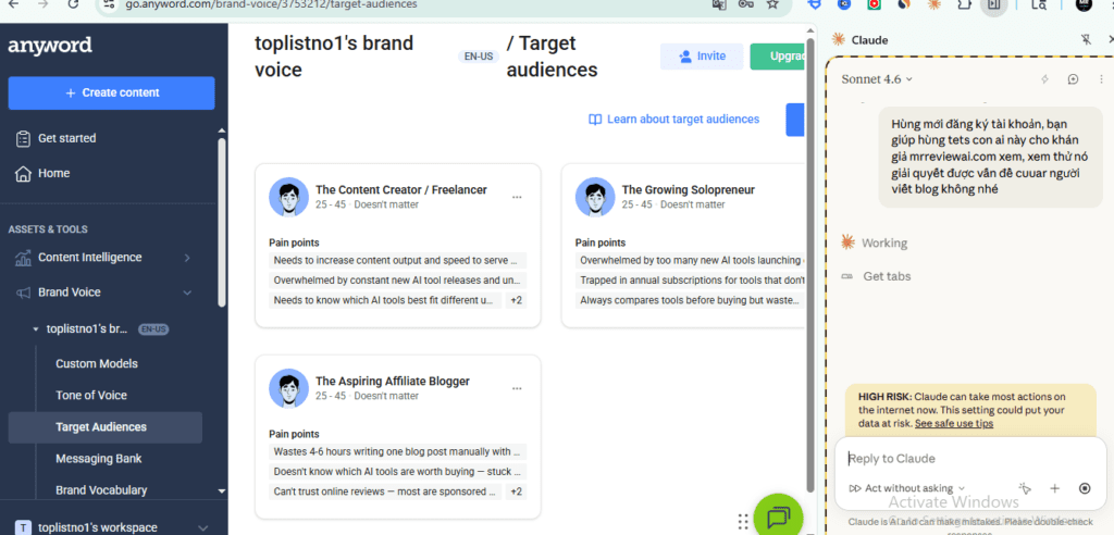 Anyword review - Target Audiences showing 3 custom personas with pain points for content creators and affiliate bloggers
