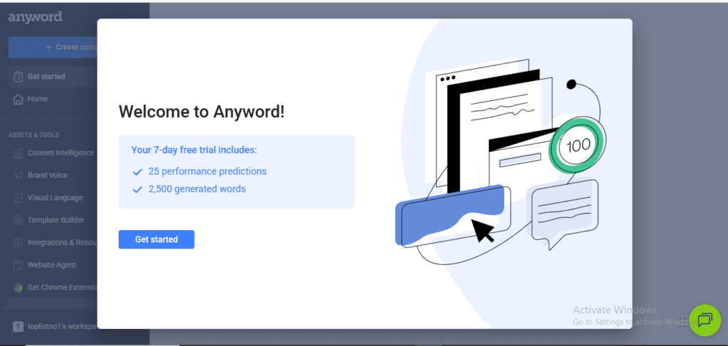 Anyword review - Welcome dashboard showing 7-day free trial with 25 performance predictions