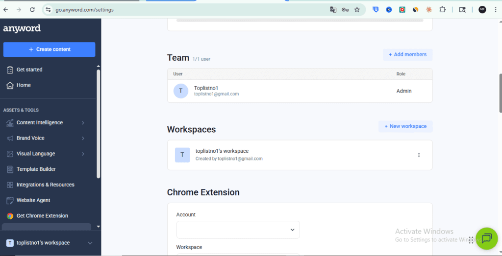 Anyword review 2026 - Real account settings showing Team workspace and Chrome Extension integration at go.anyword.com