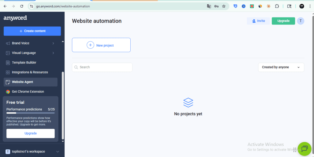 Anyword Website Automation dashboard – New project creation interface showing no projects yet for website-specific AI copy automation