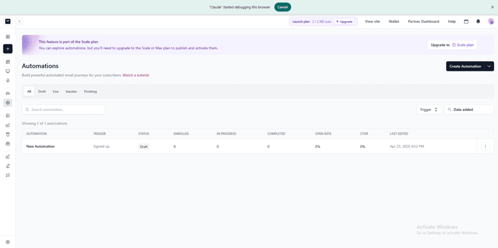 beehiiv Automations page showing the Scale plan upgrade prompt on the free plan