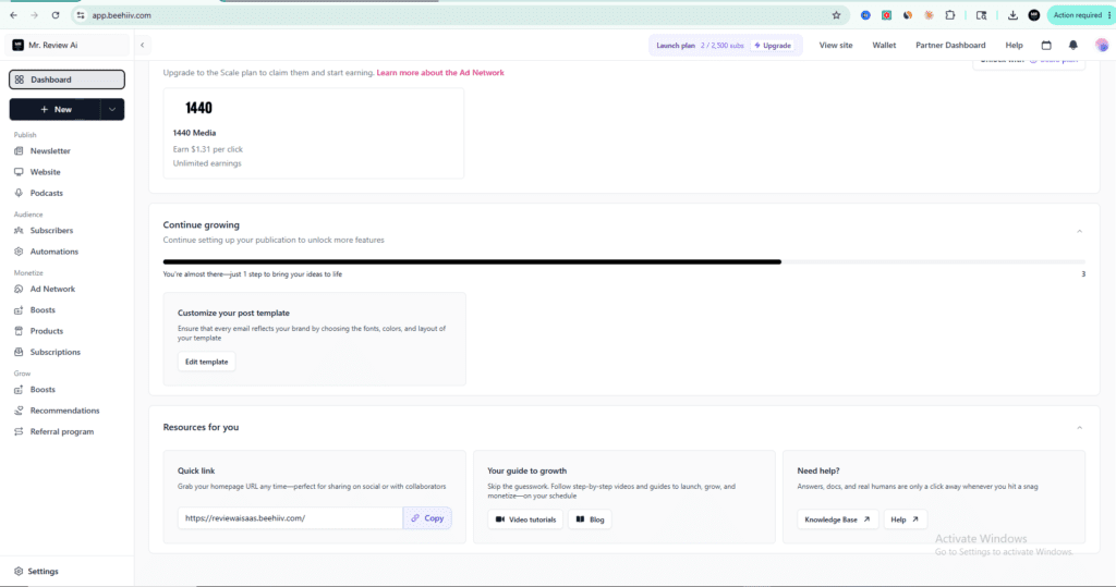 beehiiv free plan dashboard Continue Growing section with post template setup and Resources panel