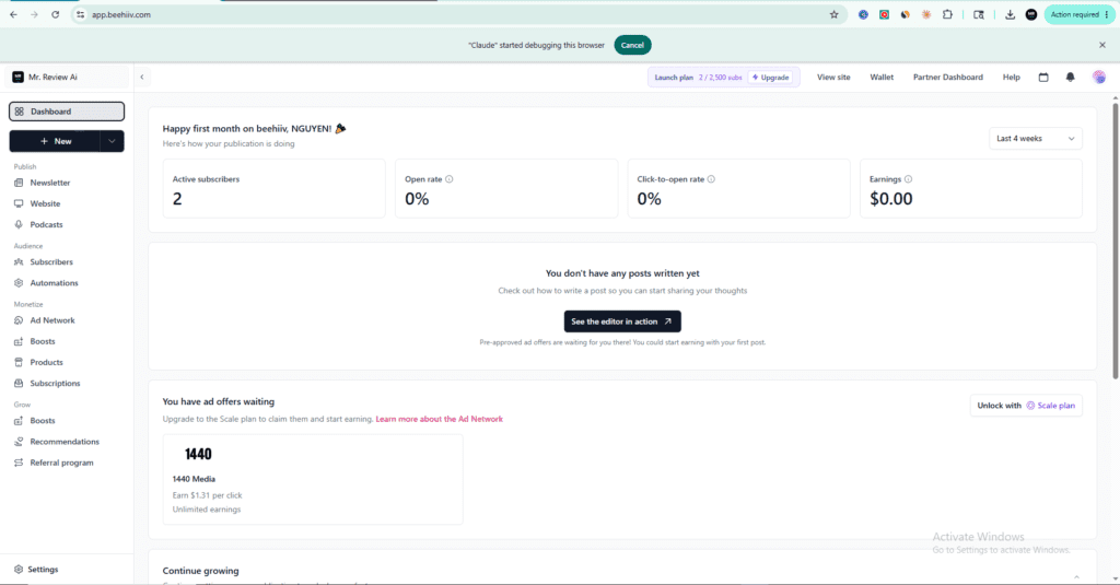 beehiiv free plan dashboard showing 2 active subscribers, 0% open rate, and ad network offers from 1440 Media