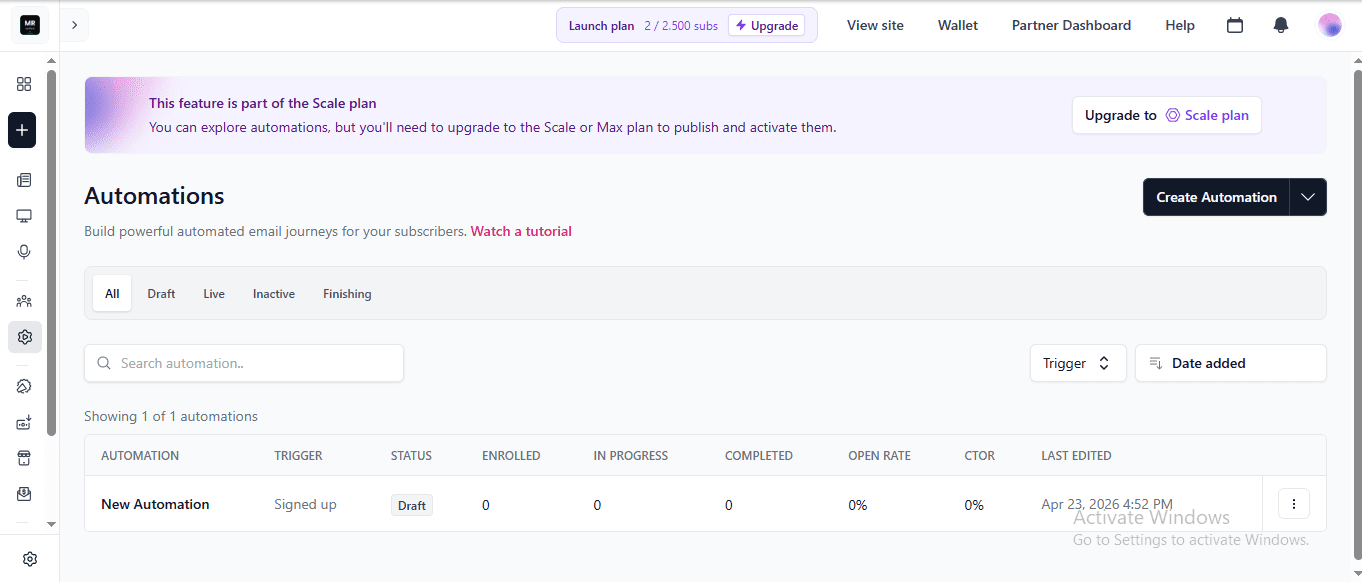 beehiiv free plan automations locked behind Scale plan — upgrade required to publish and activate
