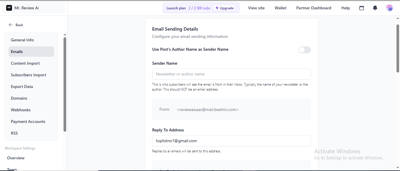 beehiiv free plan email sender address shows @mail.beehiiv.com — no custom domain available on Launch plan
