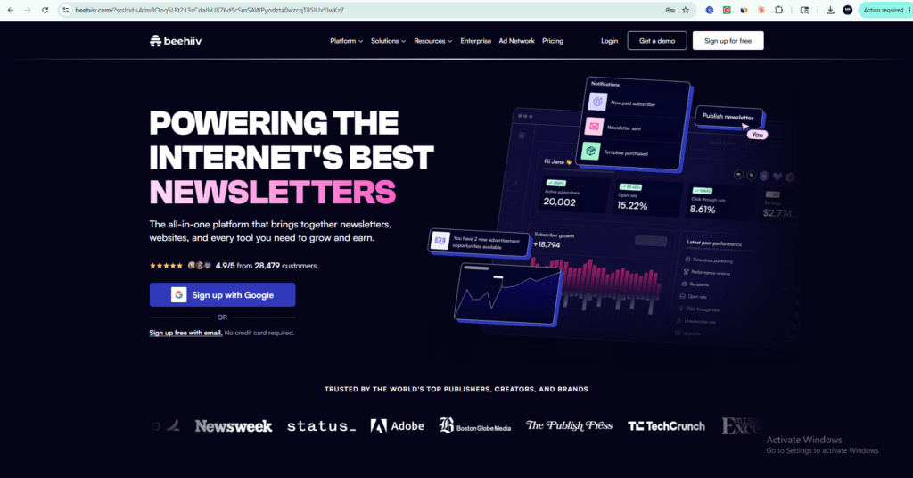 beehiiv homepage showing Sign up for free button – the all-in-one newsletter platform for creators
