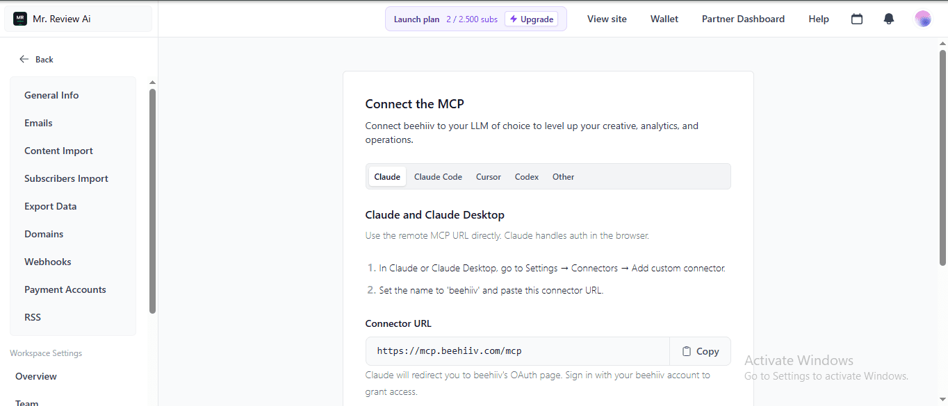 beehiiv MCP page showing Connect the MCP with Claude, Claude Code, Cursor, Codex tabs and connector URL https://mcp.beehiiv.com/mcp