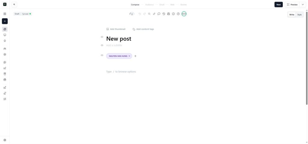beehiiv post editor composer interface showing Compose tab, Write mode, and newsletter title field