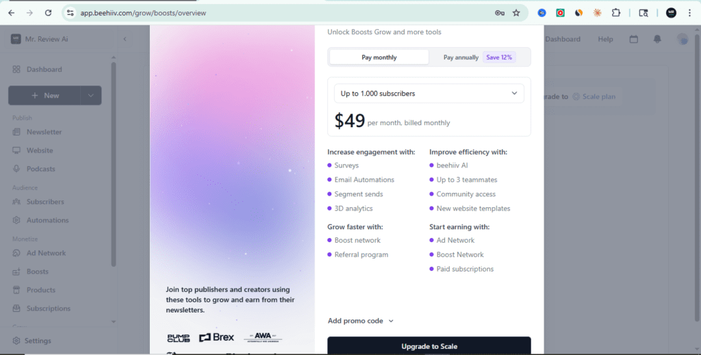 beehiiv Scale plan pricing — $49 per month for up to 1,000 subscribers, billed monthly