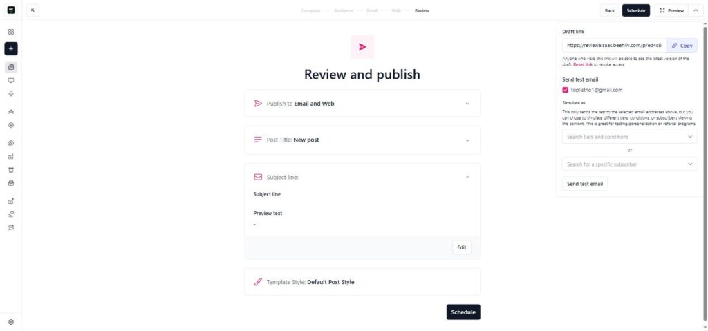 beehiiv Review and publish page showing Send test ebeehiiv Schedule modal showing Schedule for later and Publish now options with date and time pickermail panel with email address and send button