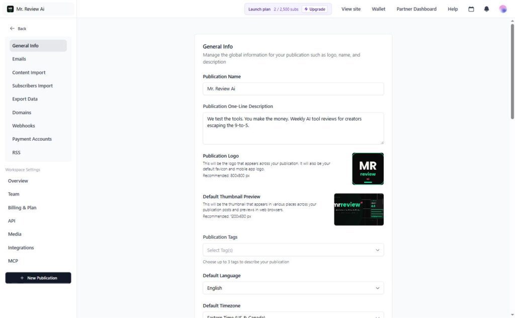 beehiiv Settings General Info showing Publication Logo upload section and branding options