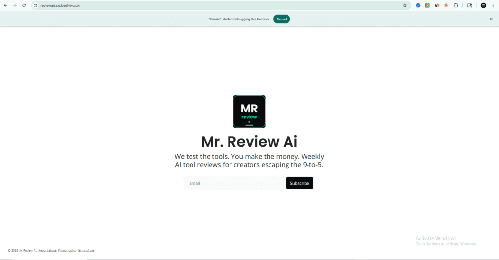 beehiiv subscribe page showing Mr. Review Ai newsletter signup form with email field and Subscribe button