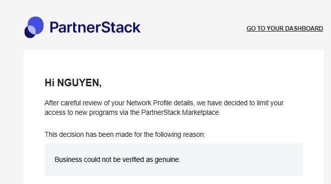 PartnerStack Network rejection reason