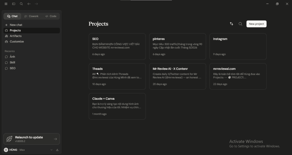 Claude Chat Projects dashboard for mrreviewai.com — SEO writing, Pinterest, Instagram, Threads, X content, and social media strategy all managed in one place