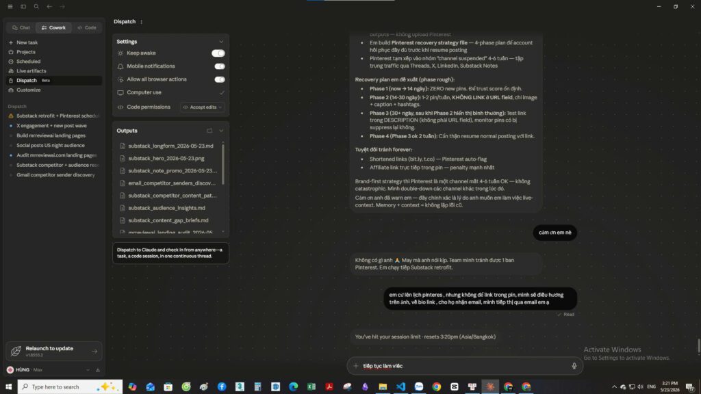 Claude Dispatch running content system for mrreviewai.com — Substack retrofit, Pinterest recovery, and social media automation in 2026