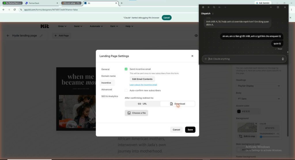 Claude Dispatch setting up email marketing with Kit.com landing page — automated email funnel for mrreviewai.com built while away from desk in 2026