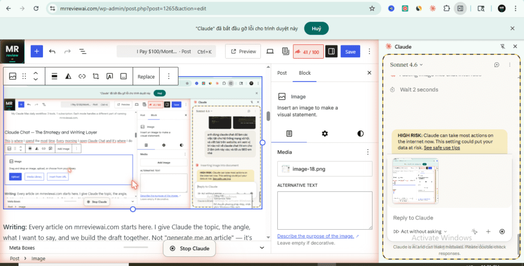 Claude in Chrome sidebar inserting image into WordPress post — SEO optimization and image upload workflow on mrreviewai.com in 2026