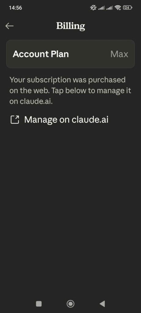 Claude Max mobile app billing — Account Plan: Max, purchased on web, showing active Max subscription on claude.ai in 2026