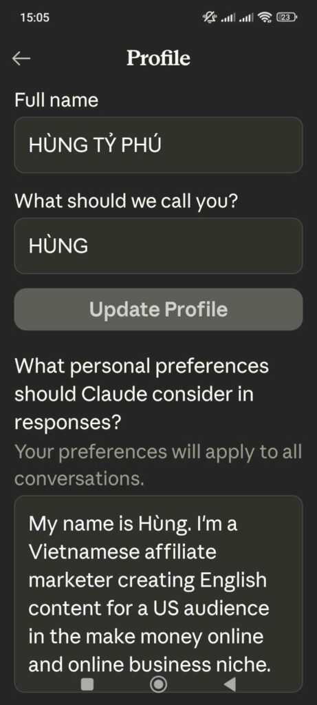 Claude Max user profile — Hùng, Vietnamese affiliate marketer creating English content for US audience using Claude Max in 2026