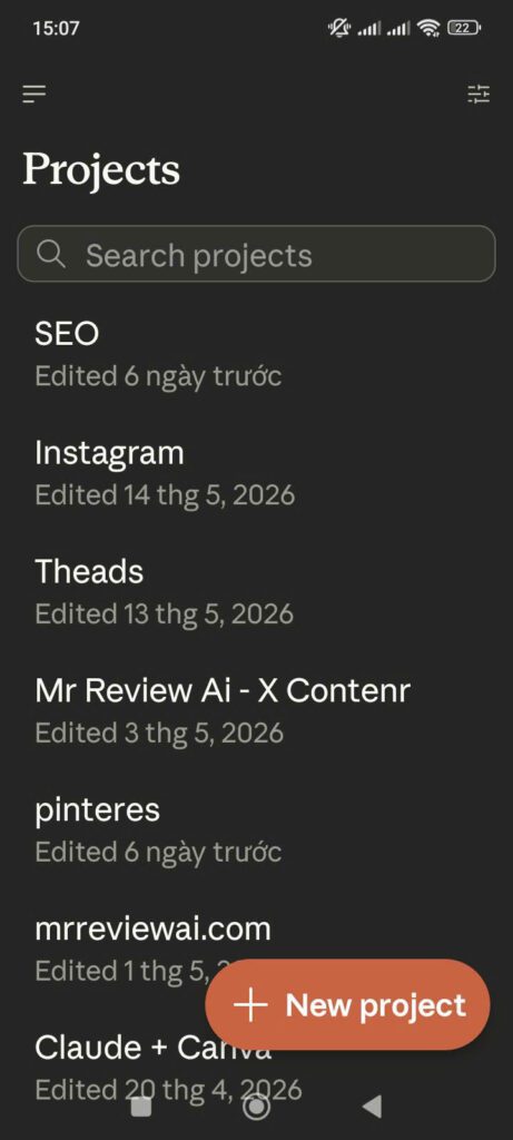 Claude Max mobile app Projects list — SEO, Instagram, Threads, X Content, Pinterest, mrreviewai.com all managed in one place in 2026