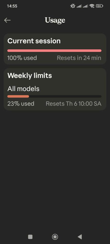 Claude Max mobile token usage — 100% session used, resets in 24 minutes, proof of hitting the token limit every week in 2026