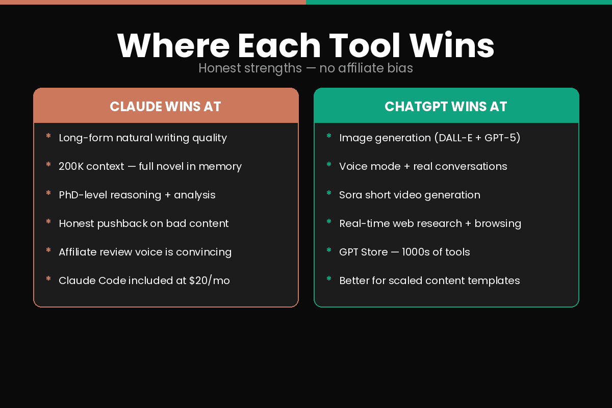 Where Claude wins versus where ChatGPT wins for bloggers and content creators 2026