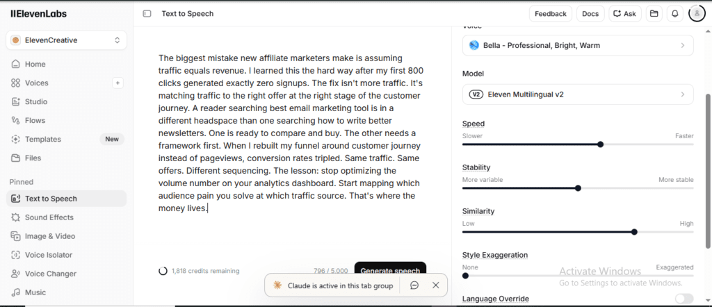 ElevenLabs Text to Speech interface with Bella voice and 200-word affiliate marketing script ready to generate