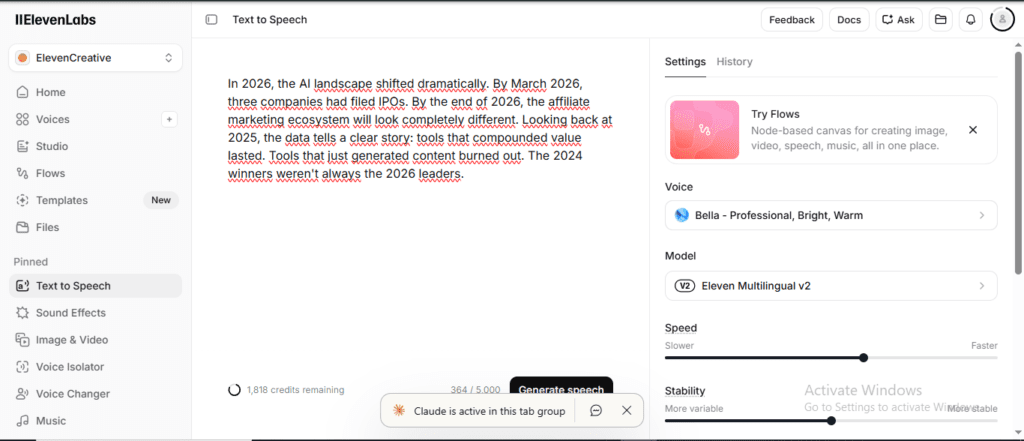 ElevenLabs Text to Speech with Bella voice and year numbers script showing 2024 2025 2026 pronunciation test