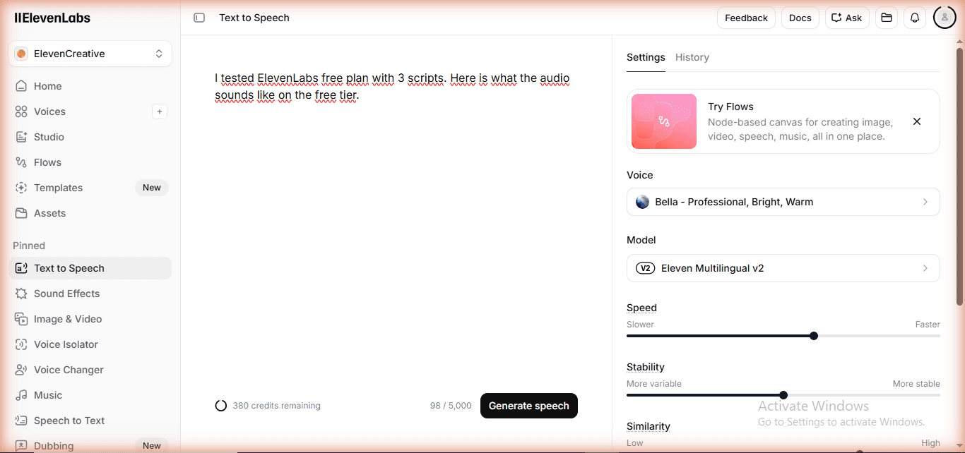 ElevenLabs free plan Text to Speech interface showing 380 credits remaining with Bella voice and Eleven Multilingual v2 model