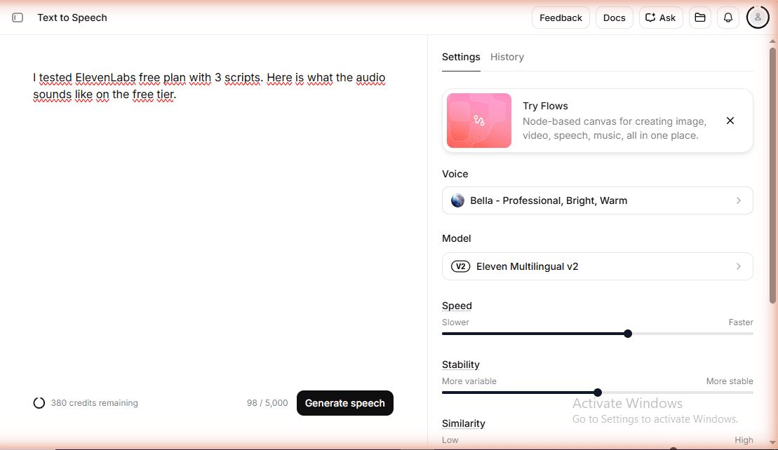 ElevenLabs Text to Speech settings panel closeup showing Bella voice Eleven Multilingual v2 model Speed and Stability controls with 380 credits remaining