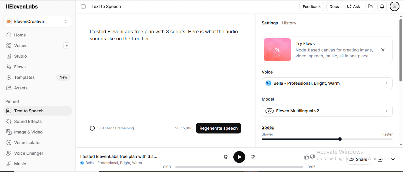 ElevenLabs free plan Text to Speech interface showing voice selector Bella and audio history panel with download button - murf vs elevenlabs test 2026