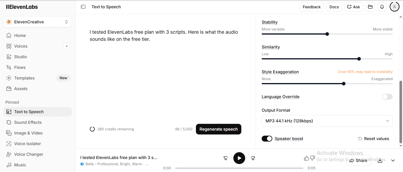 ElevenLabs free plan voice settings panel showing Stability Similarity and Style Exaggeration sliders - murf vs elevenlabs comparison 2026